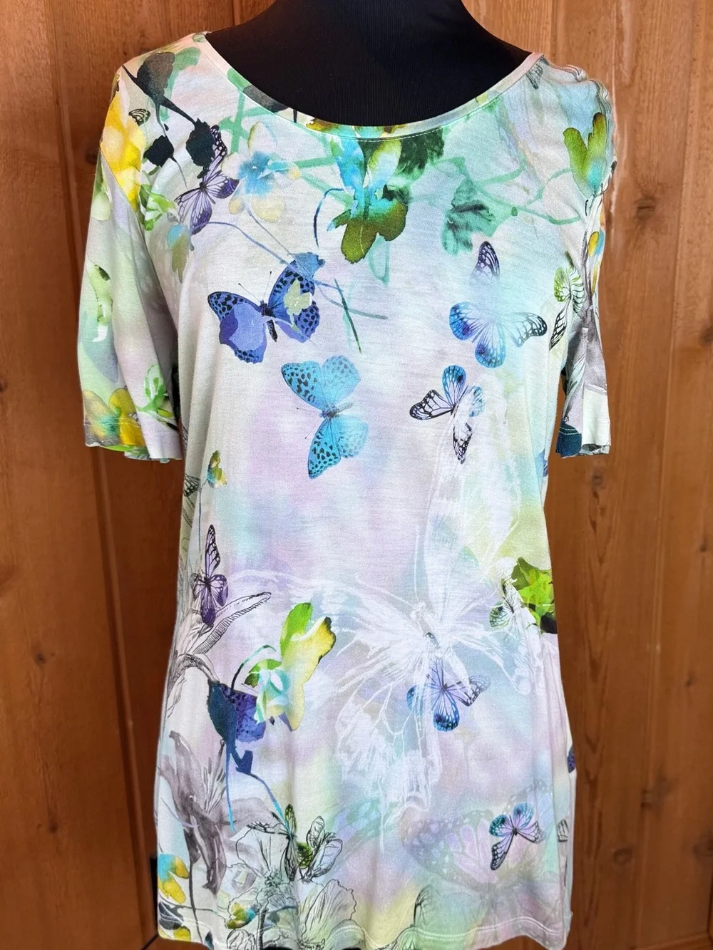 Women's Pastel Butterfly Short Sleeve Tee - White, Blue & Green - Picture 1 of 4